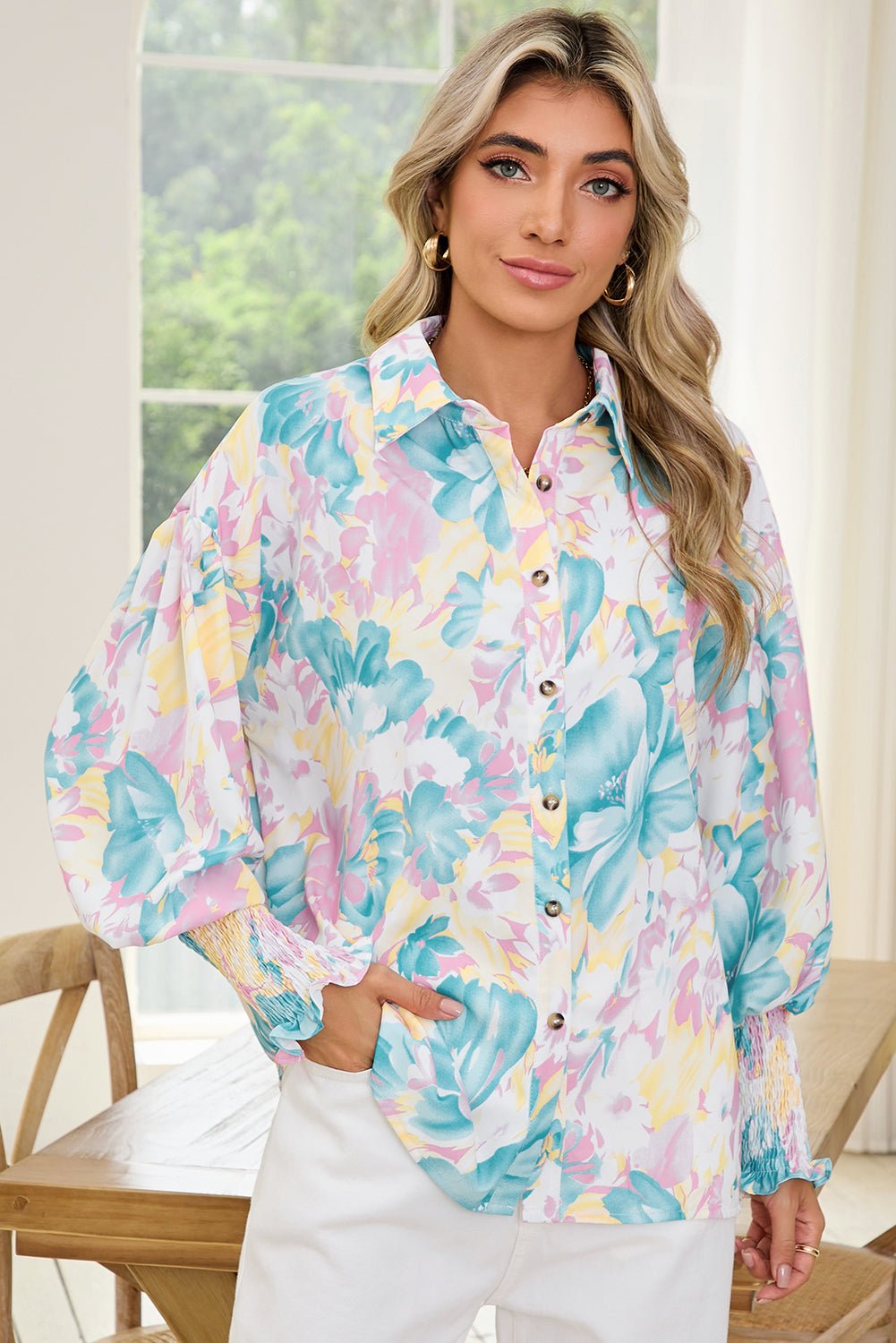 Yellow Floral Allover Print Shirred Cuff Oversized Shirt - MAD RUFFI