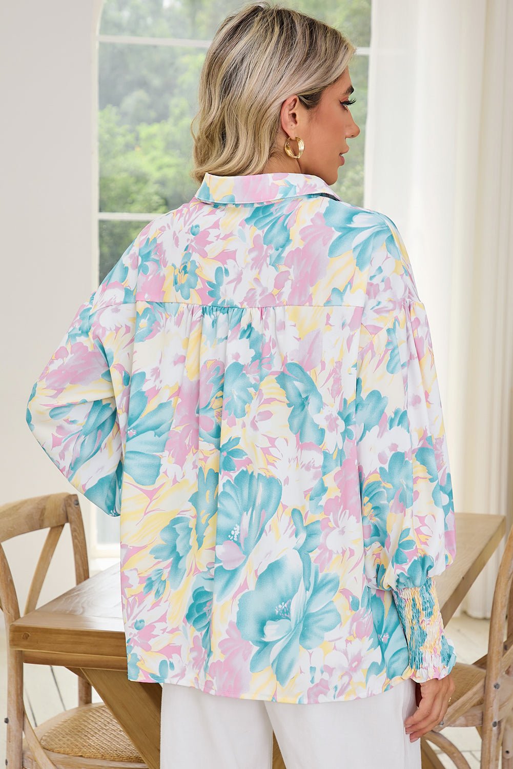 Yellow Floral Allover Print Shirred Cuff Oversized Shirt - MAD RUFFI