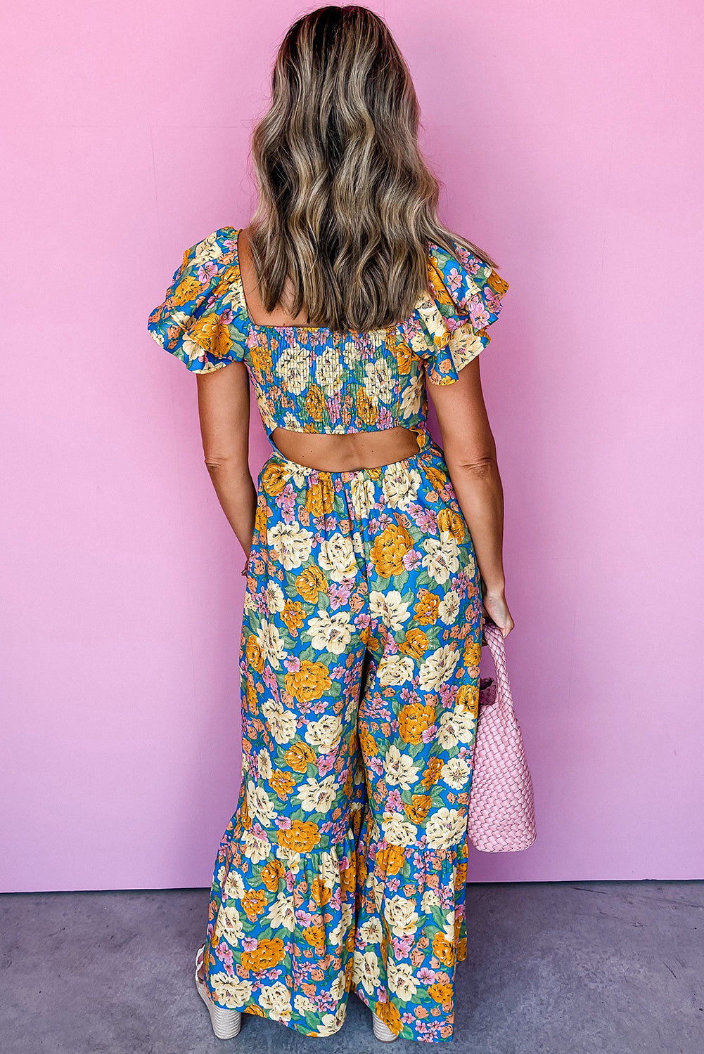 Yellow Floral Allover Print Shirred Cut Out High Waist Jumpsuit - MAD RUFFI