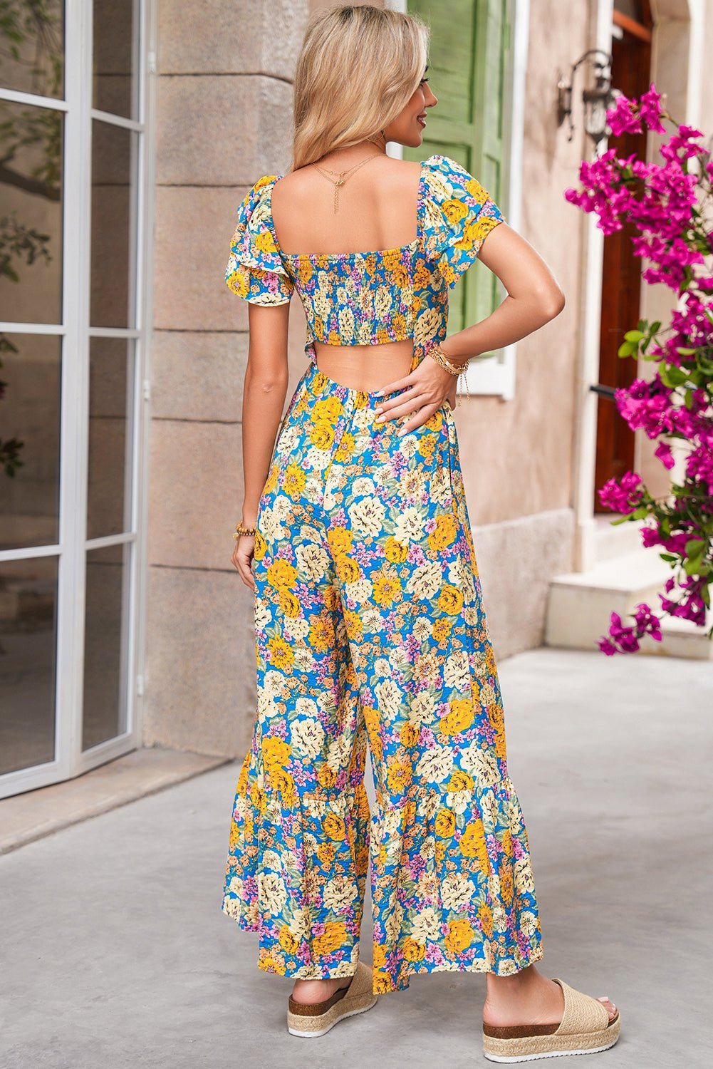 Yellow Floral Allover Print Shirred Cut Out High Waist Jumpsuit - MAD RUFFI