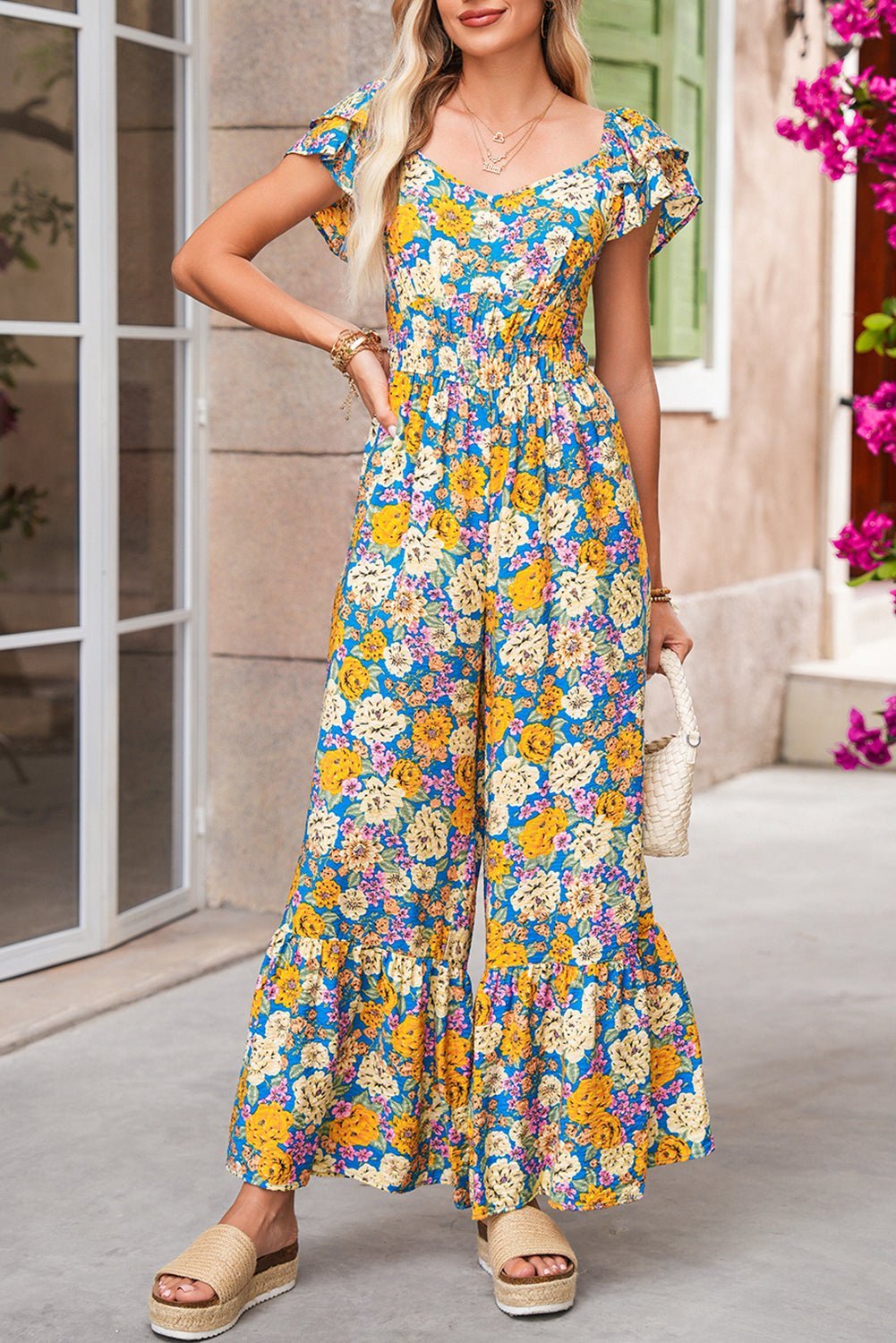 Yellow Floral Allover Print Shirred Cut Out High Waist Jumpsuit - MAD RUFFI