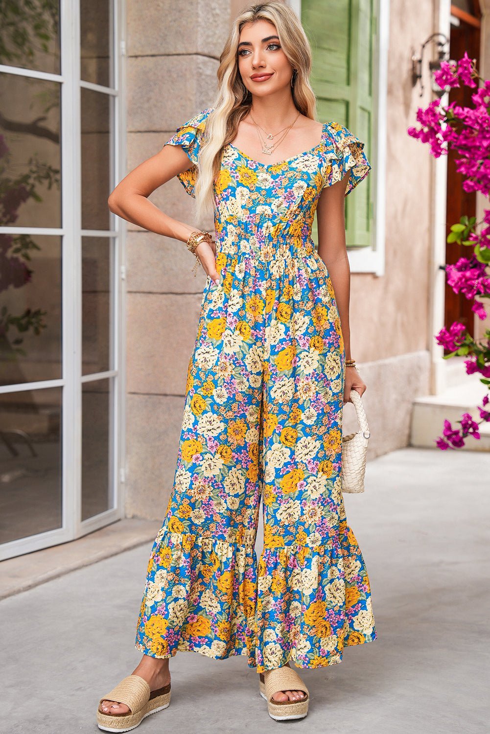 Yellow Floral Allover Print Shirred Cut Out High Waist Jumpsuit - MAD RUFFI