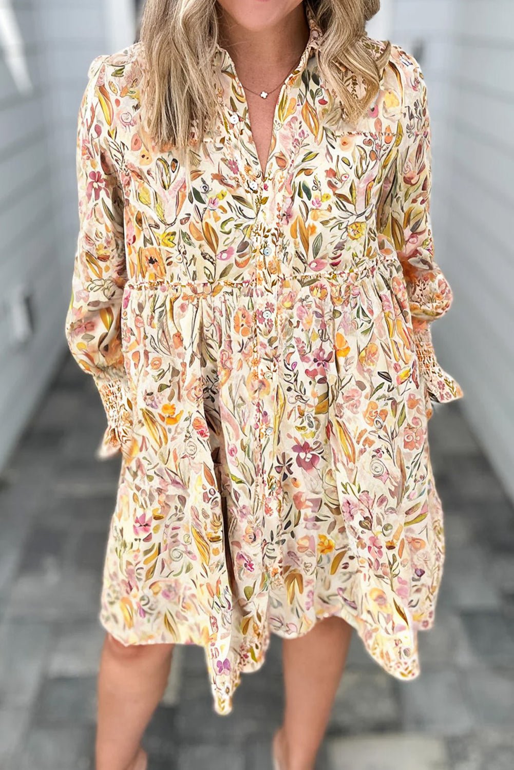 Yellow Floral Print Frilly Trim Smocked Cuff Long Sleeve Loose Shirt Dress - MAD RUFFI