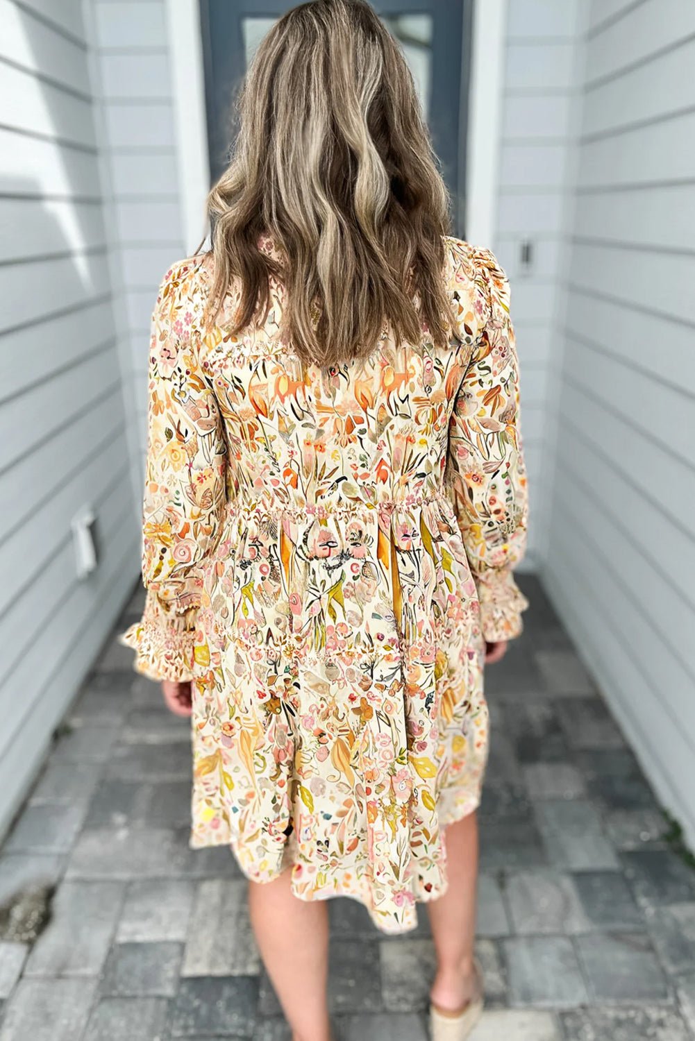 Yellow Floral Print Frilly Trim Smocked Cuff Long Sleeve Loose Shirt Dress - MAD RUFFI