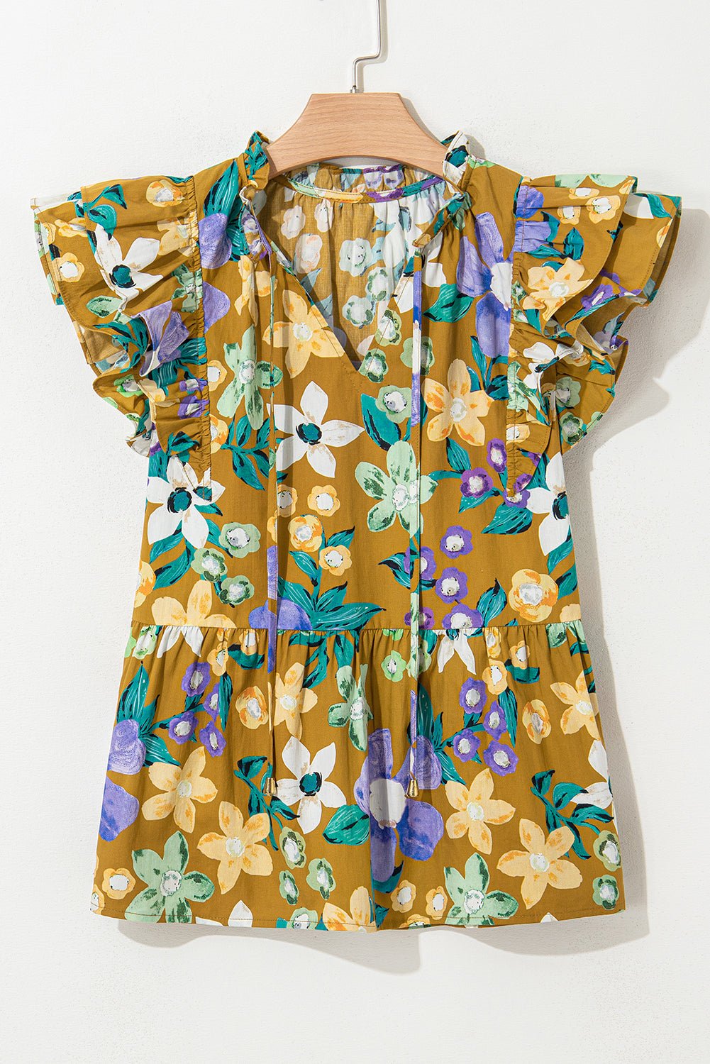 yellow floral print tie v neck ruffle top - MAD RUFFI