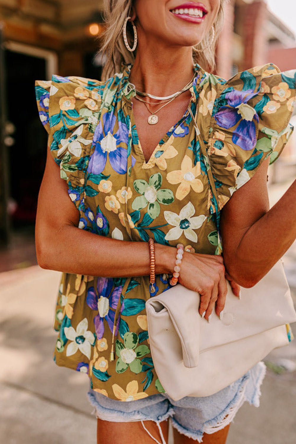 yellow floral print tie v neck ruffle top - MAD RUFFI