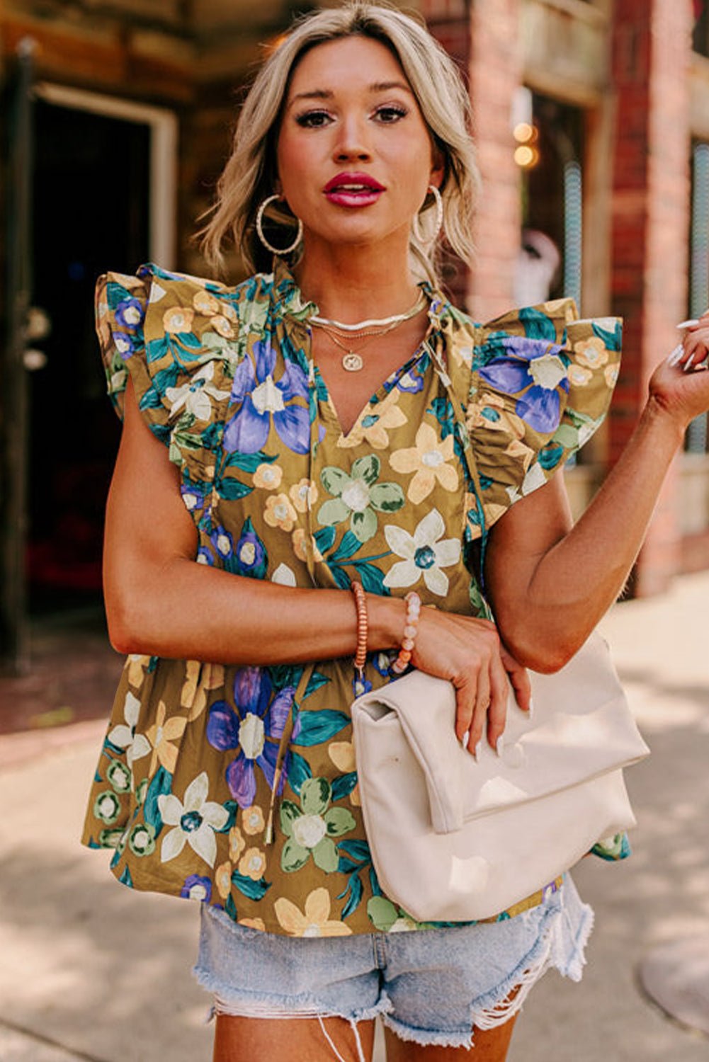 yellow floral print tie v neck ruffle top - MAD RUFFI