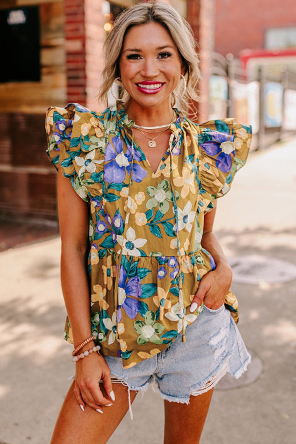 yellow floral print tie v neck ruffle top - MAD RUFFI