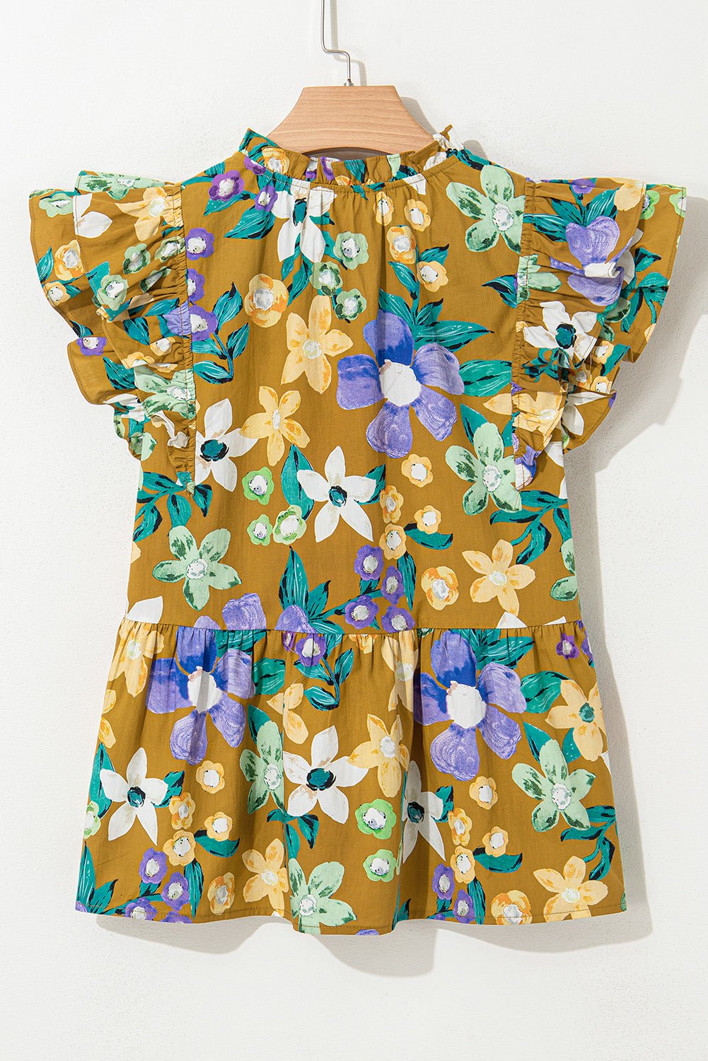 yellow floral print tie v neck ruffle top - MAD RUFFI