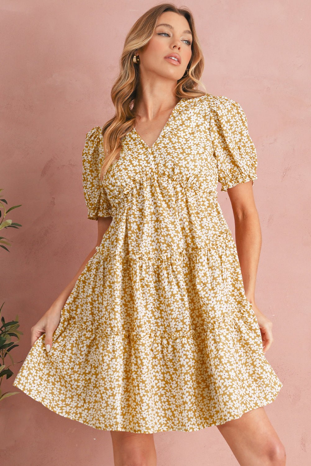 Yellow Floral Short Sleeve V Neck Frill Tiered Mini Dress - MAD RUFFI