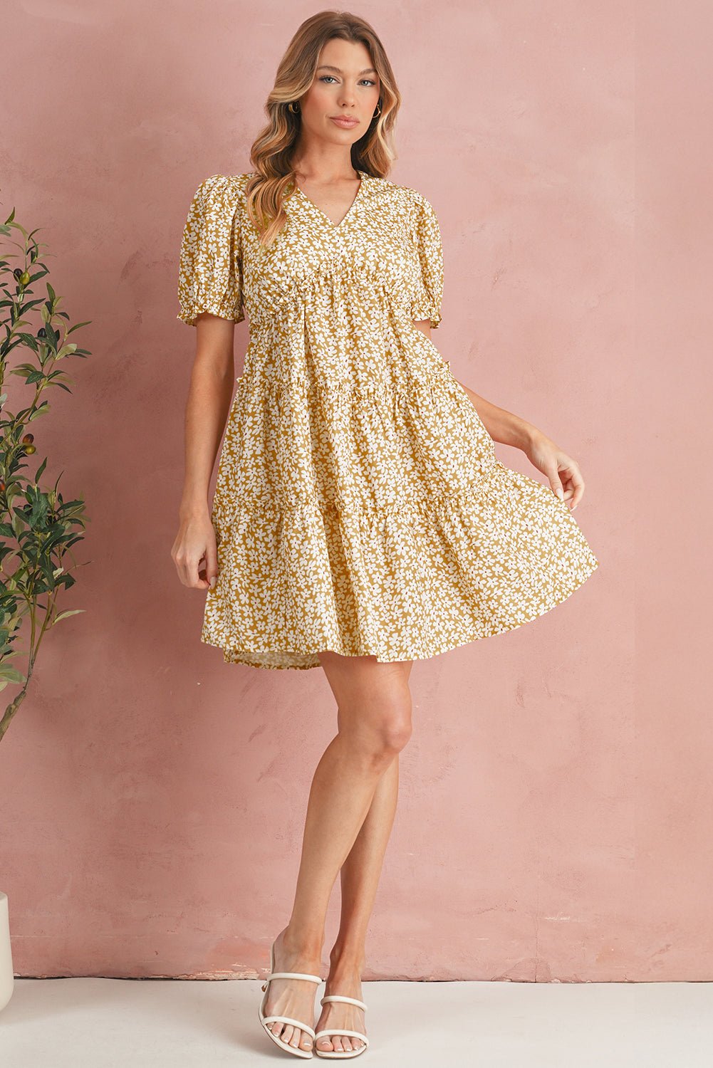 Yellow Floral Short Sleeve V Neck Frill Tiered Mini Dress - MAD RUFFI