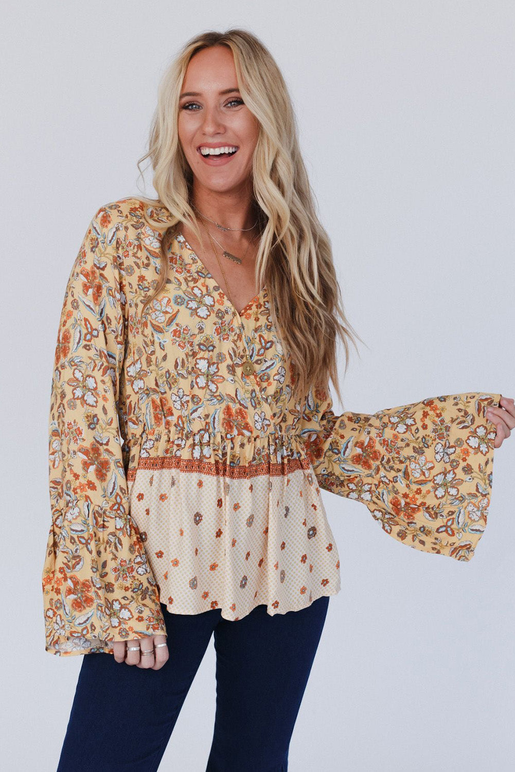 Yellow Floral V Neck Bell Sleeve Peplum Blouse - MAD RUFFI