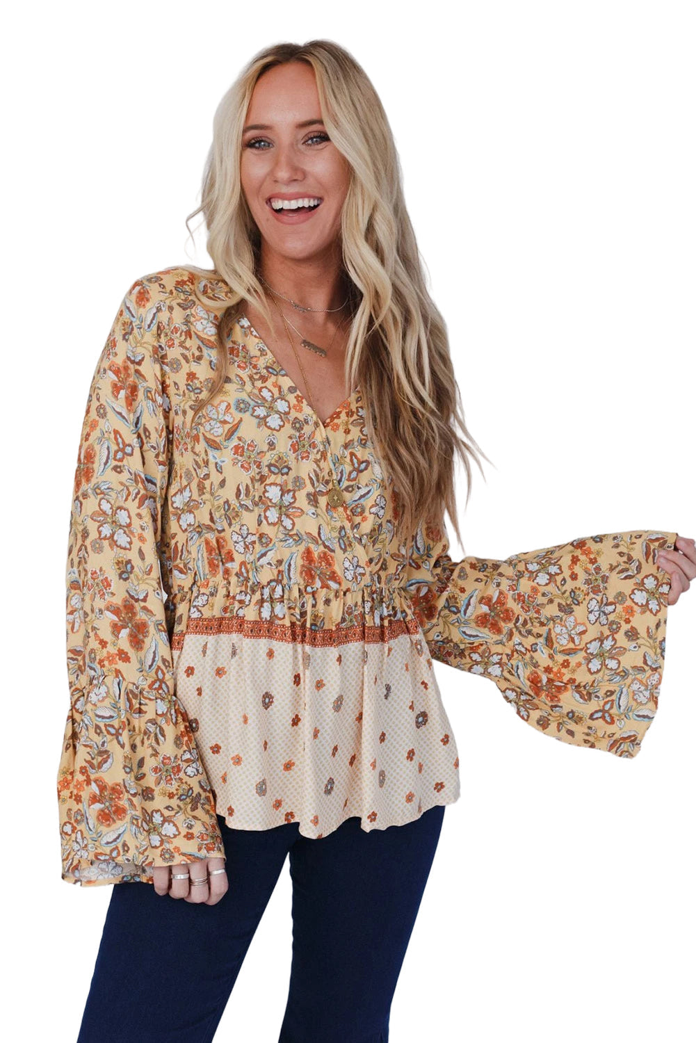 Yellow Floral V Neck Bell Sleeve Peplum Blouse - MAD RUFFI