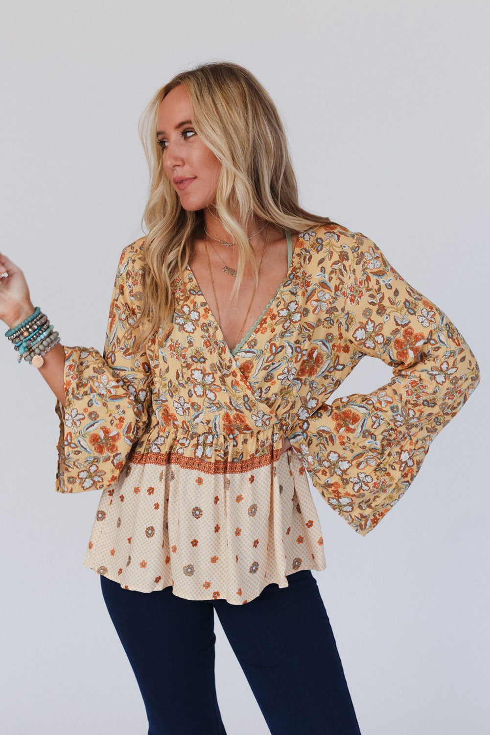 Yellow Floral V Neck Bell Sleeve Peplum Blouse - MAD RUFFI