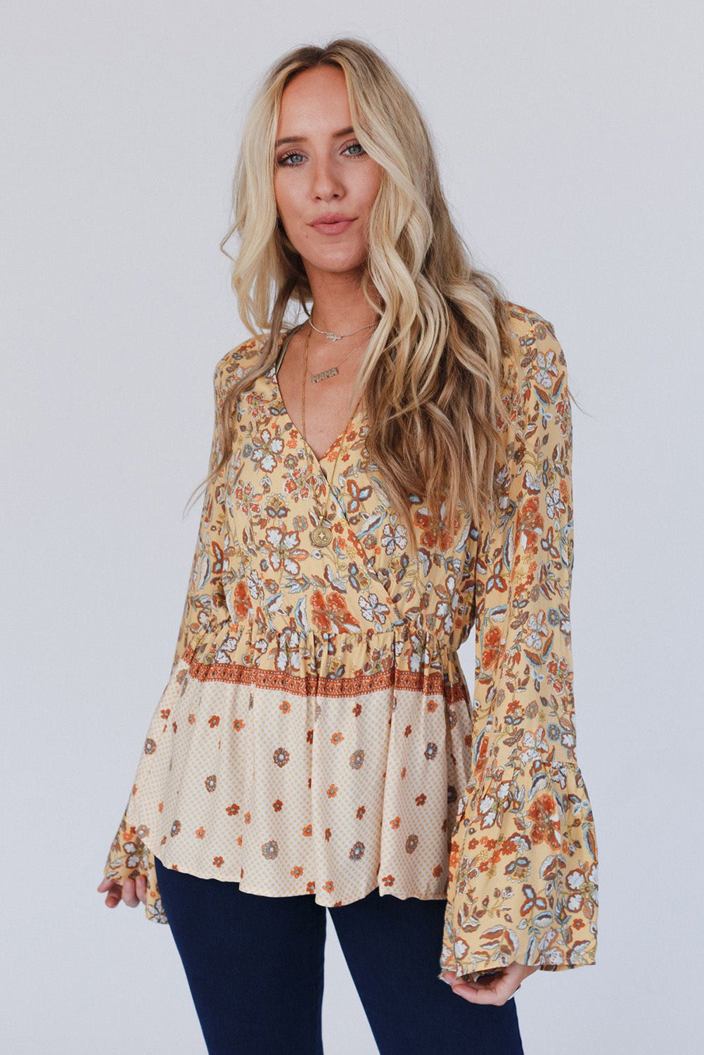 Yellow Floral V Neck Bell Sleeve Peplum Blouse - MAD RUFFI