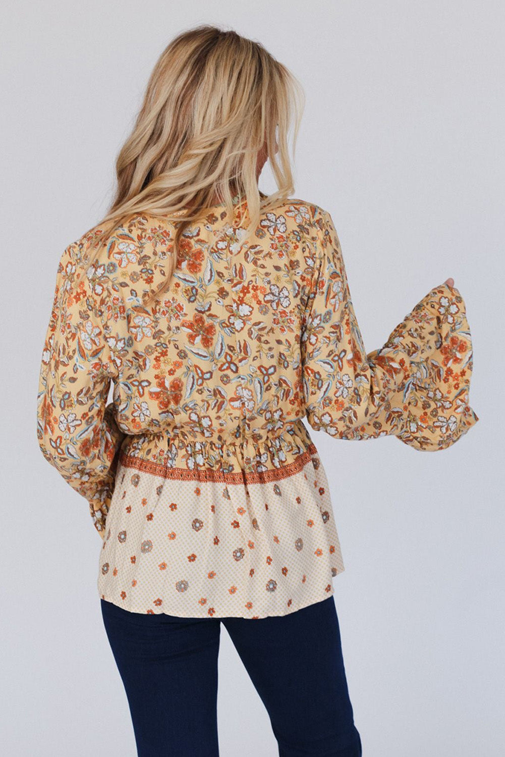 Yellow Floral V Neck Bell Sleeve Peplum Blouse - MAD RUFFI