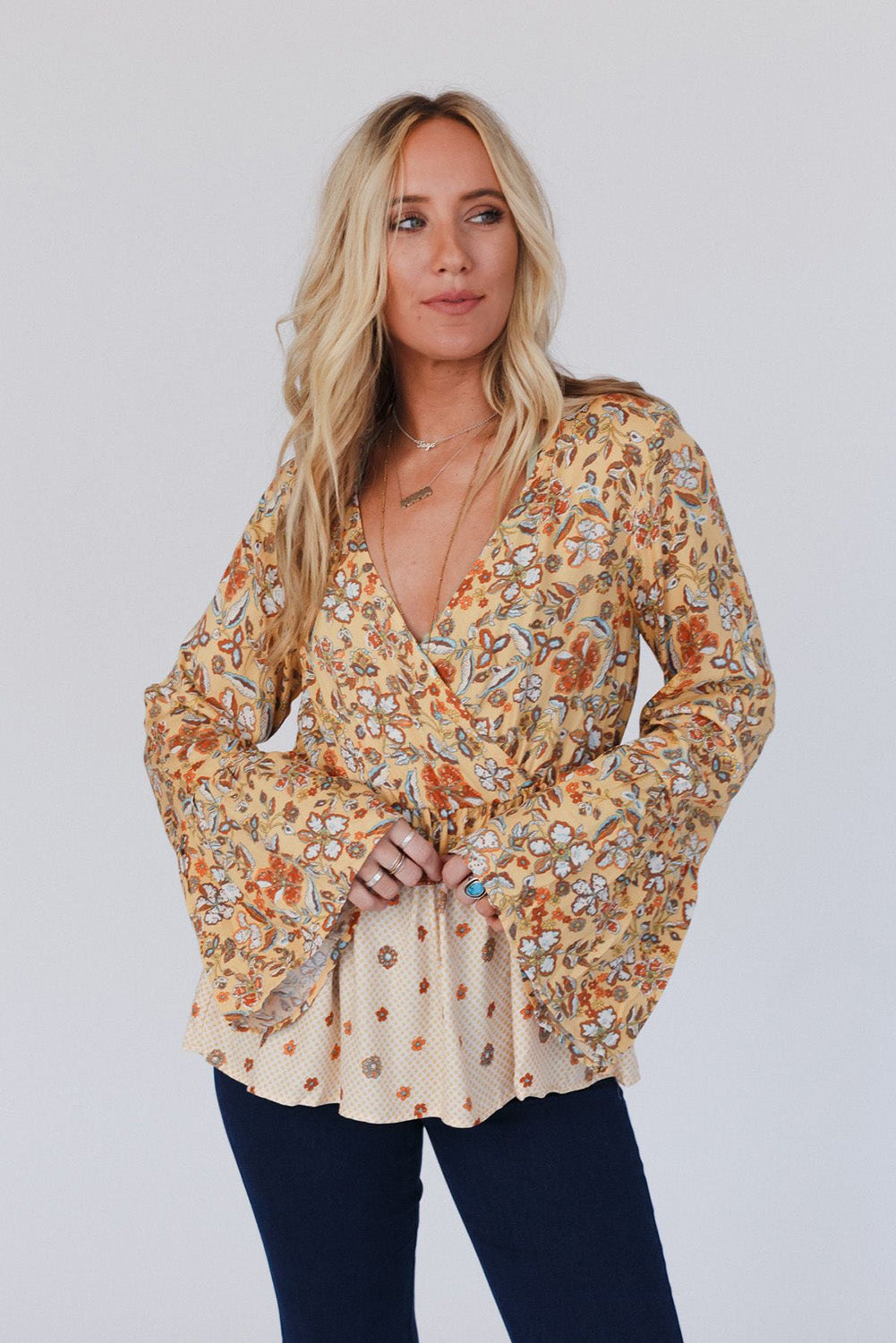 Yellow Floral V Neck Bell Sleeve Peplum Blouse - MAD RUFFI