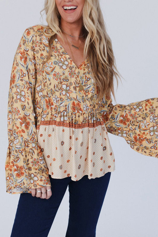 Yellow Floral V Neck Bell Sleeve Peplum Blouse - MAD RUFFI