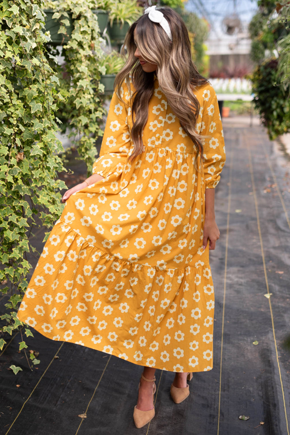 Yellow Flower Print Bracelet Sleeve Buttons Collared Maxi Dress - MAD RUFFI