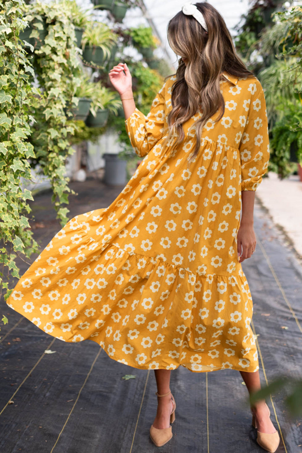 Yellow Flower Print Bracelet Sleeve Buttons Collared Maxi Dress - MAD RUFFI