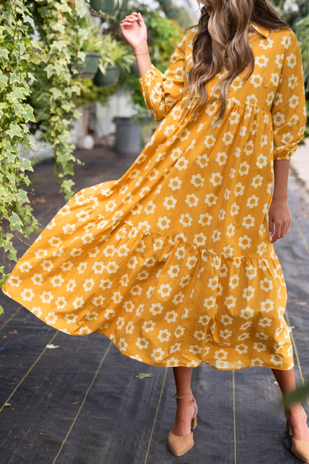 Yellow Flower Print Bracelet Sleeve Buttons Collared Maxi Dress - MAD RUFFI