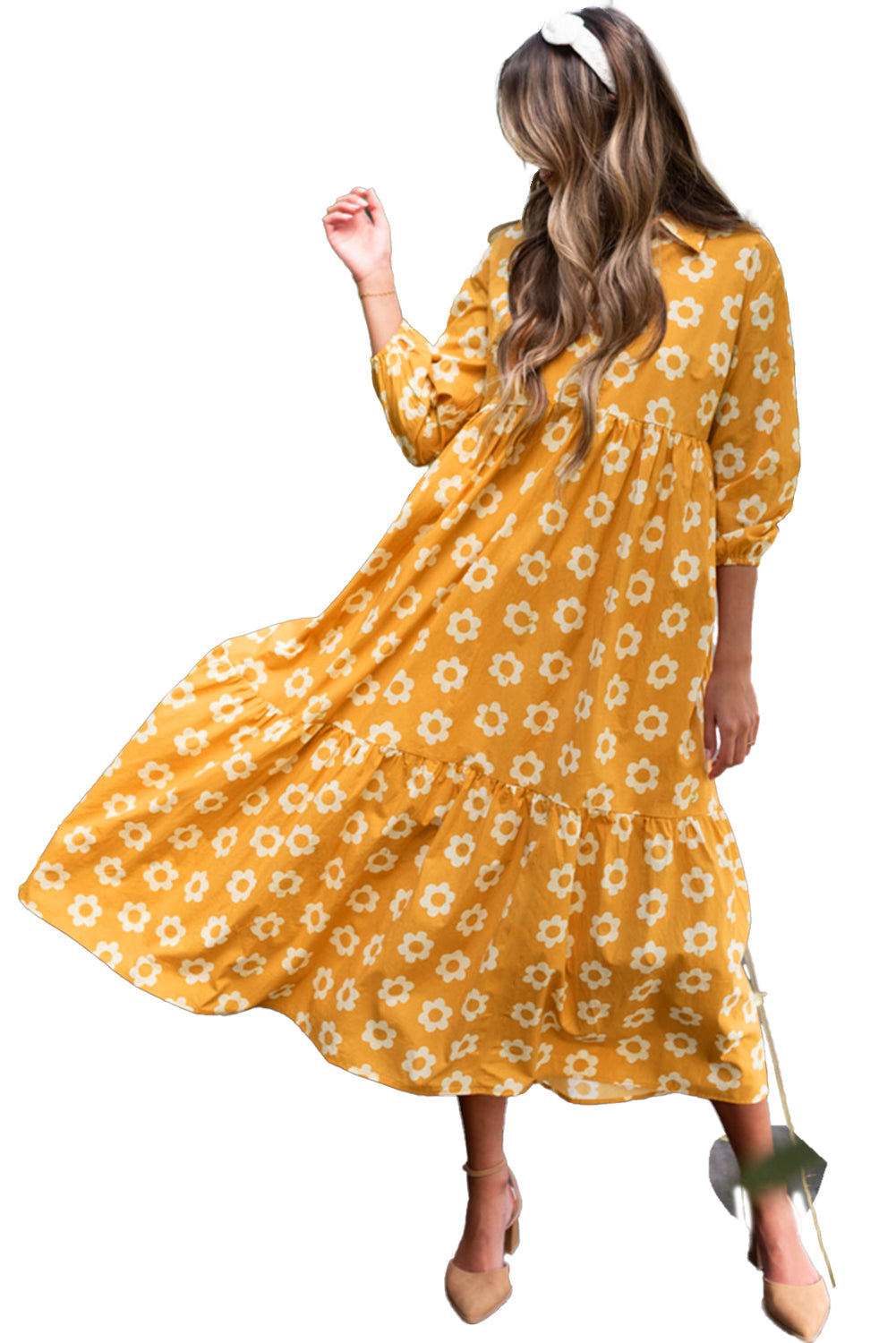 Yellow Flower Print Bracelet Sleeve Buttons Collared Maxi Dress - MAD RUFFI