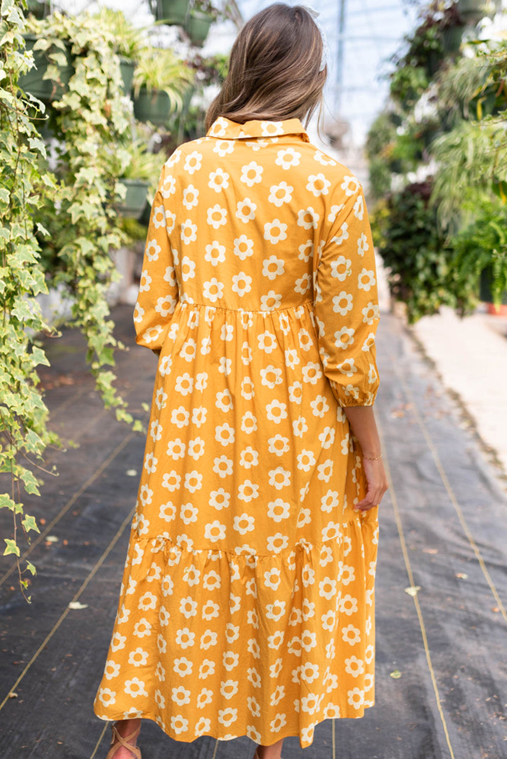 Yellow Flower Print Bracelet Sleeve Buttons Collared Maxi Dress - MAD RUFFI