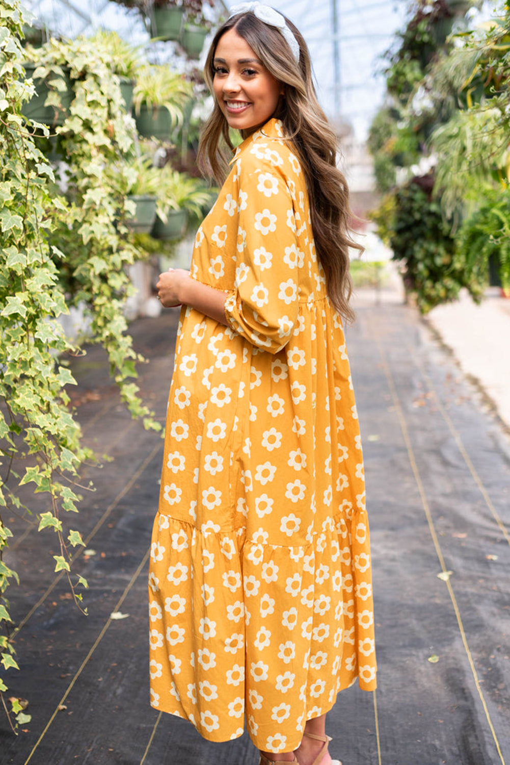 Yellow Flower Print Bracelet Sleeve Buttons Collared Maxi Dress - MAD RUFFI