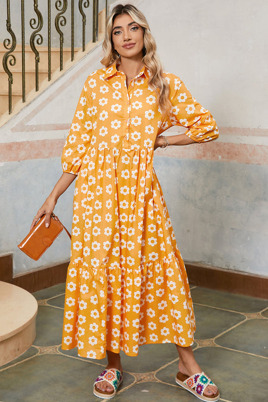 Yellow Flower Print Bracelet Sleeve Buttons Collared Maxi Dress - MAD RUFFI