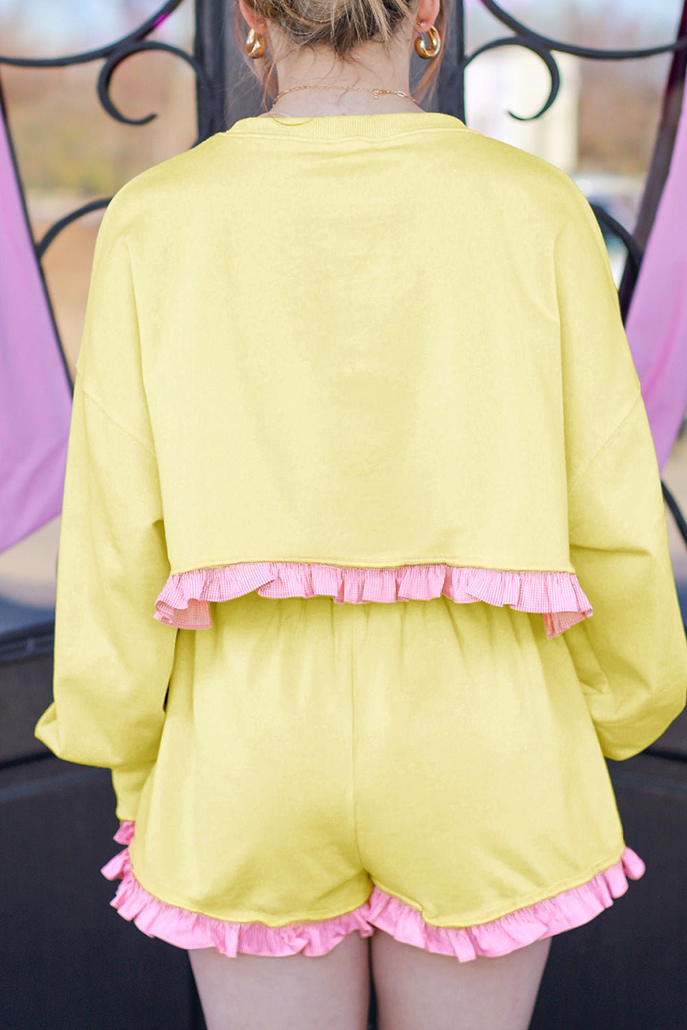 Yellow Ruffle Striped Hem Patchwork Pullover Top and Shorts Plus Size Set - MAD RUFFI