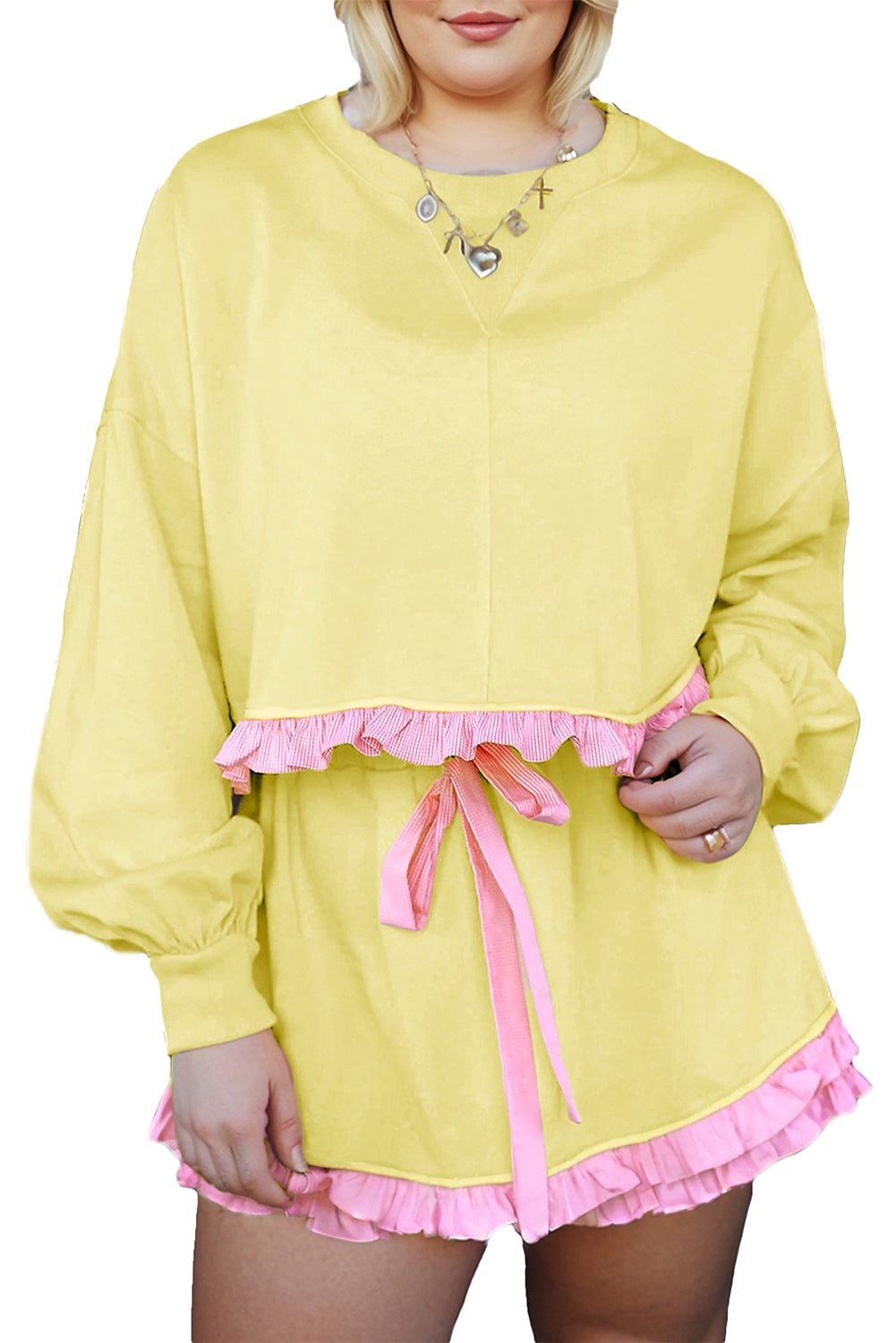 Yellow Ruffle Striped Hem Patchwork Pullover Top and Shorts Plus Size Set - MAD RUFFI