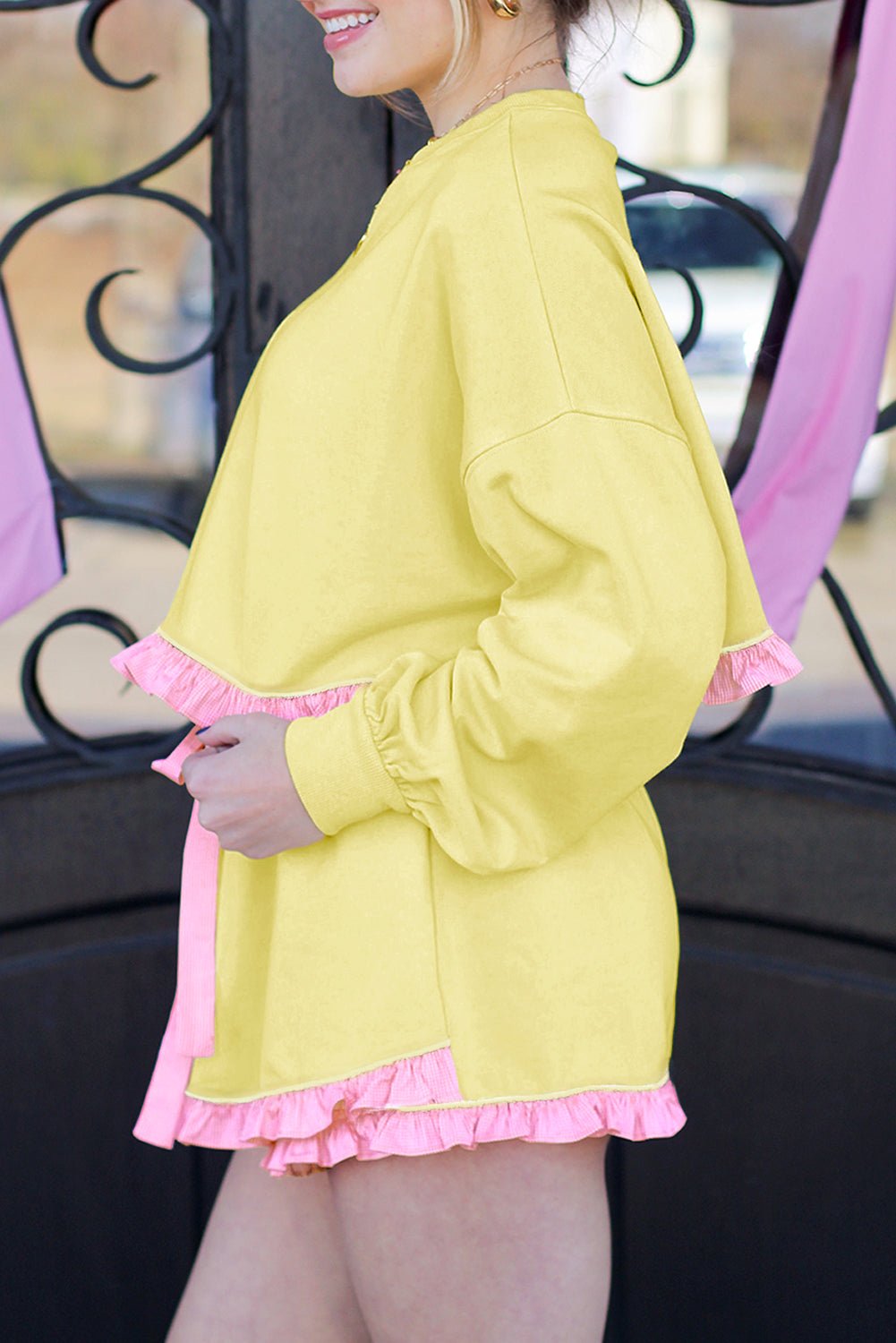 Yellow Ruffle Striped Hem Patchwork Pullover Top and Shorts Plus Size Set - MAD RUFFI