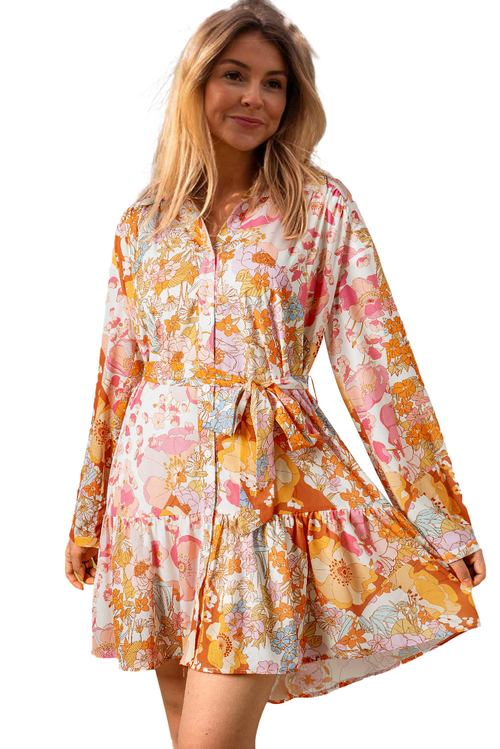 Yellow Ruffled Buttoned Knotted High Waist Floral Mini Dress - MAD RUFFI