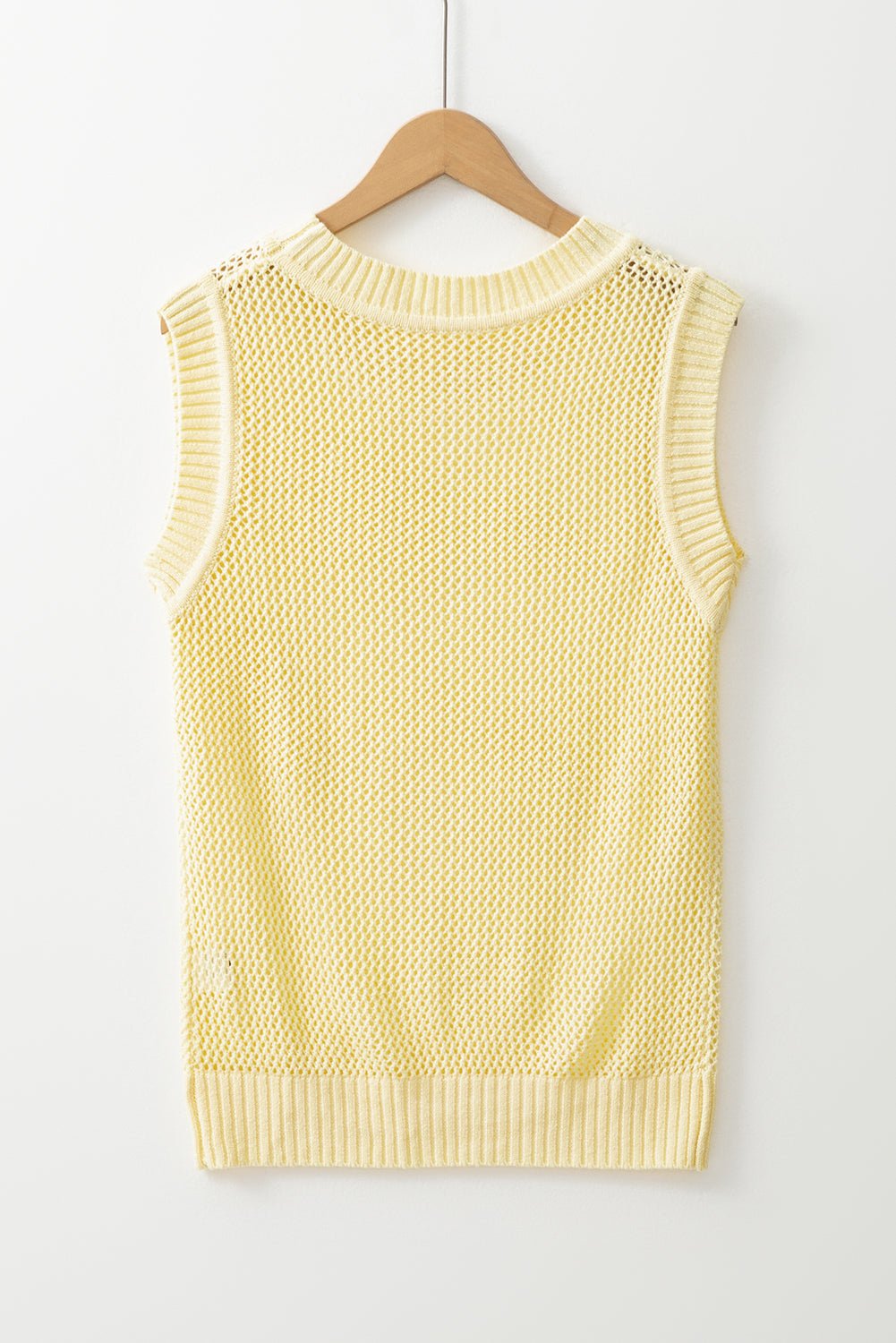 Yellow Solid Color Hollowed Knit Round Neck Sweater Vest - MAD RUFFI