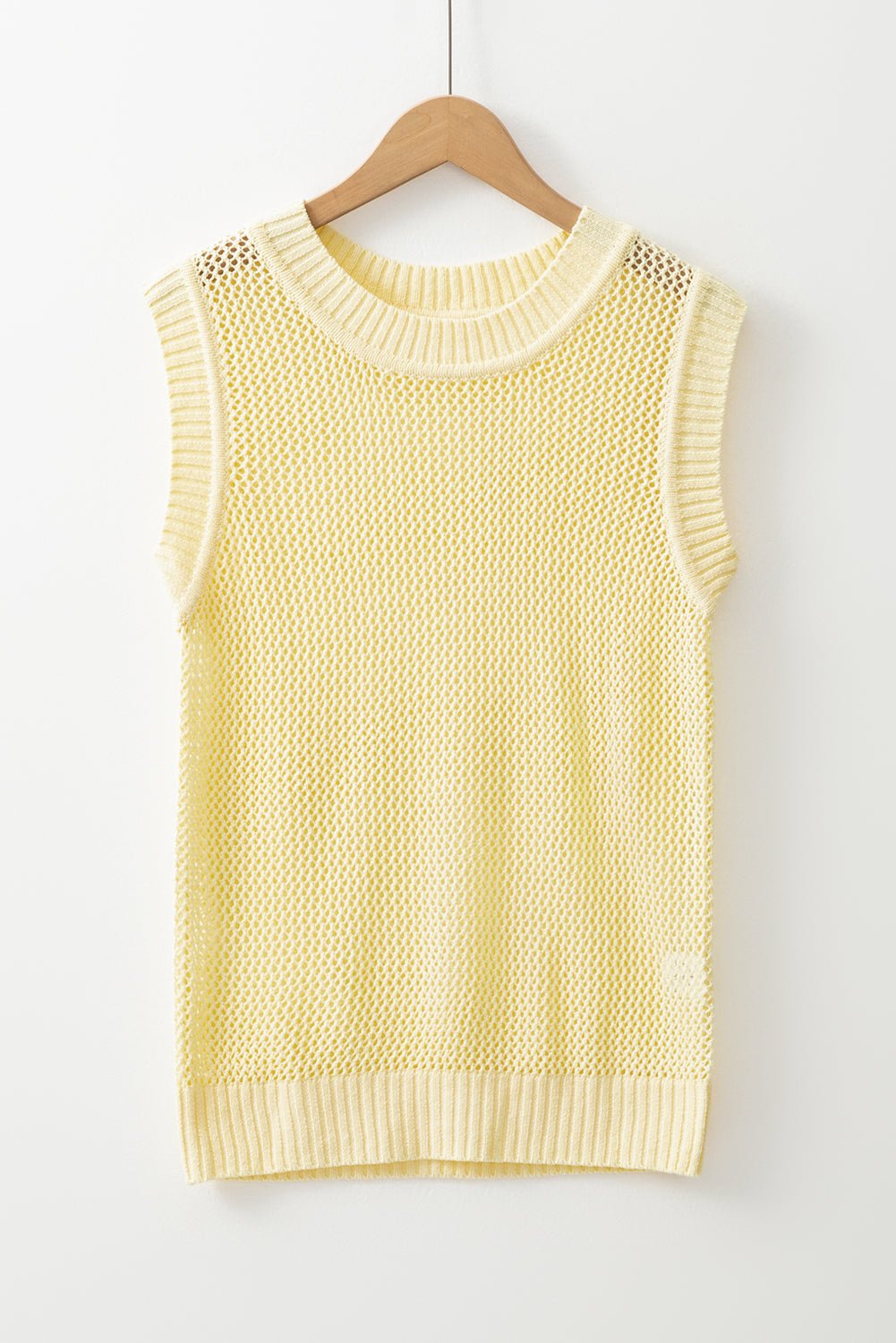 Yellow Solid Color Hollowed Knit Round Neck Sweater Vest - MAD RUFFI