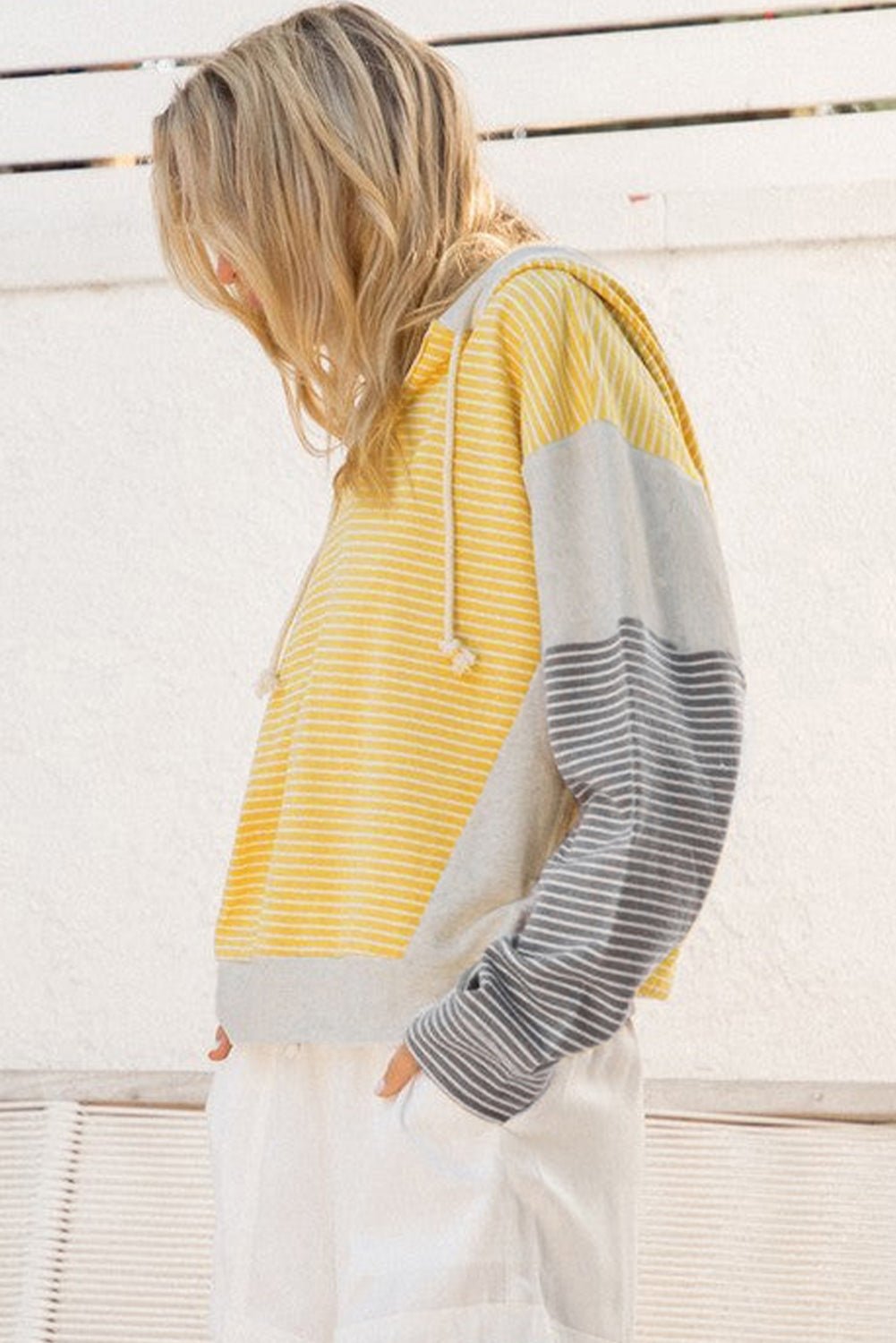 Yellow Stripe Colorblock Drawstring V Neck Loose Fit Hooded Top - MAD RUFFI