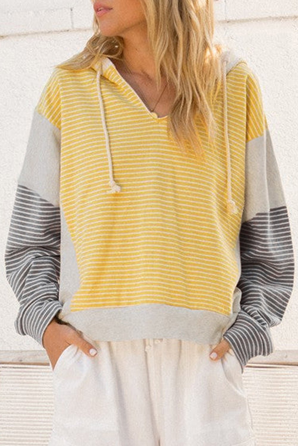 Yellow Stripe Colorblock Drawstring V Neck Loose Fit Hooded Top - MAD RUFFI