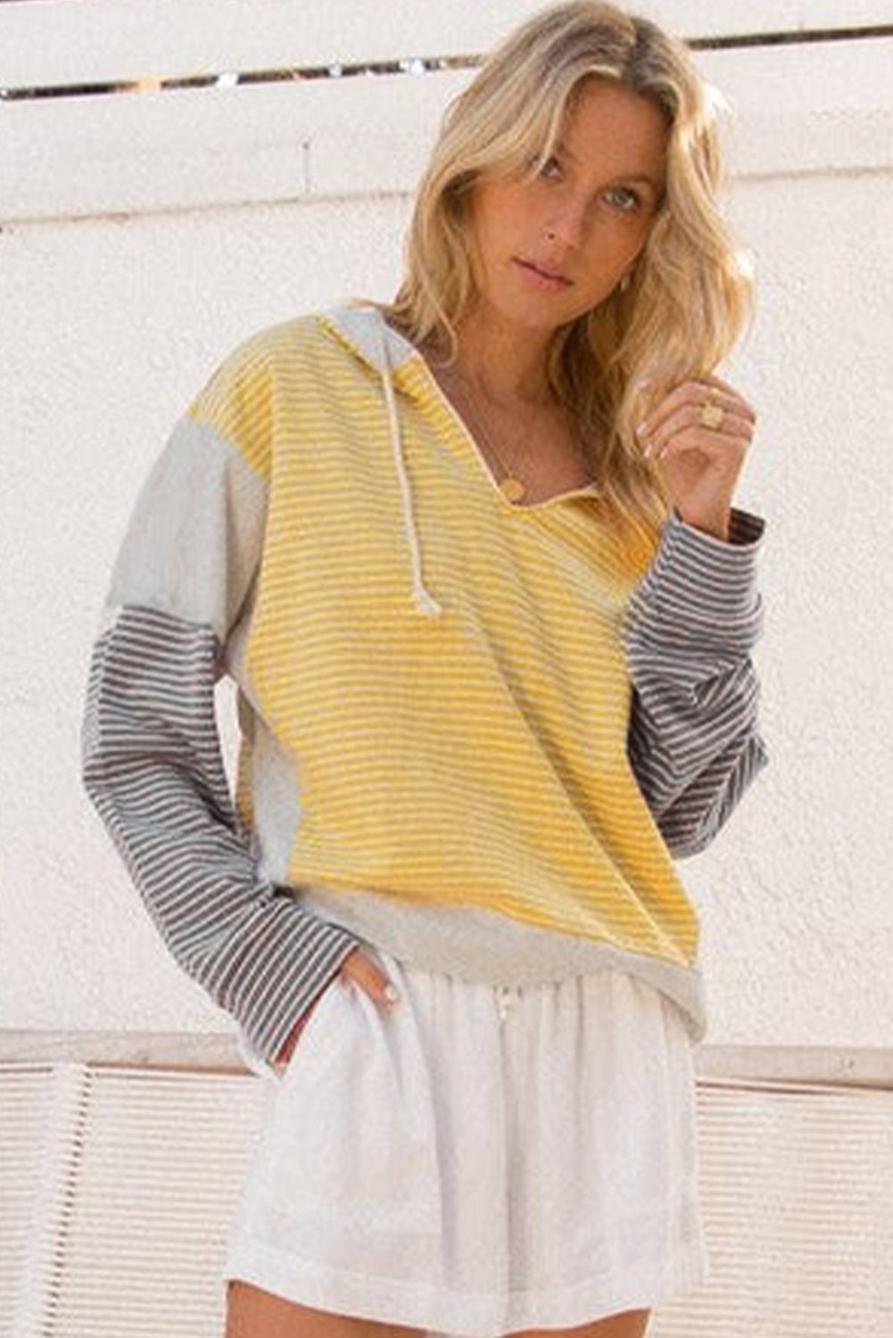 Yellow Stripe Colorblock Drawstring V Neck Loose Fit Hooded Top - MAD RUFFI