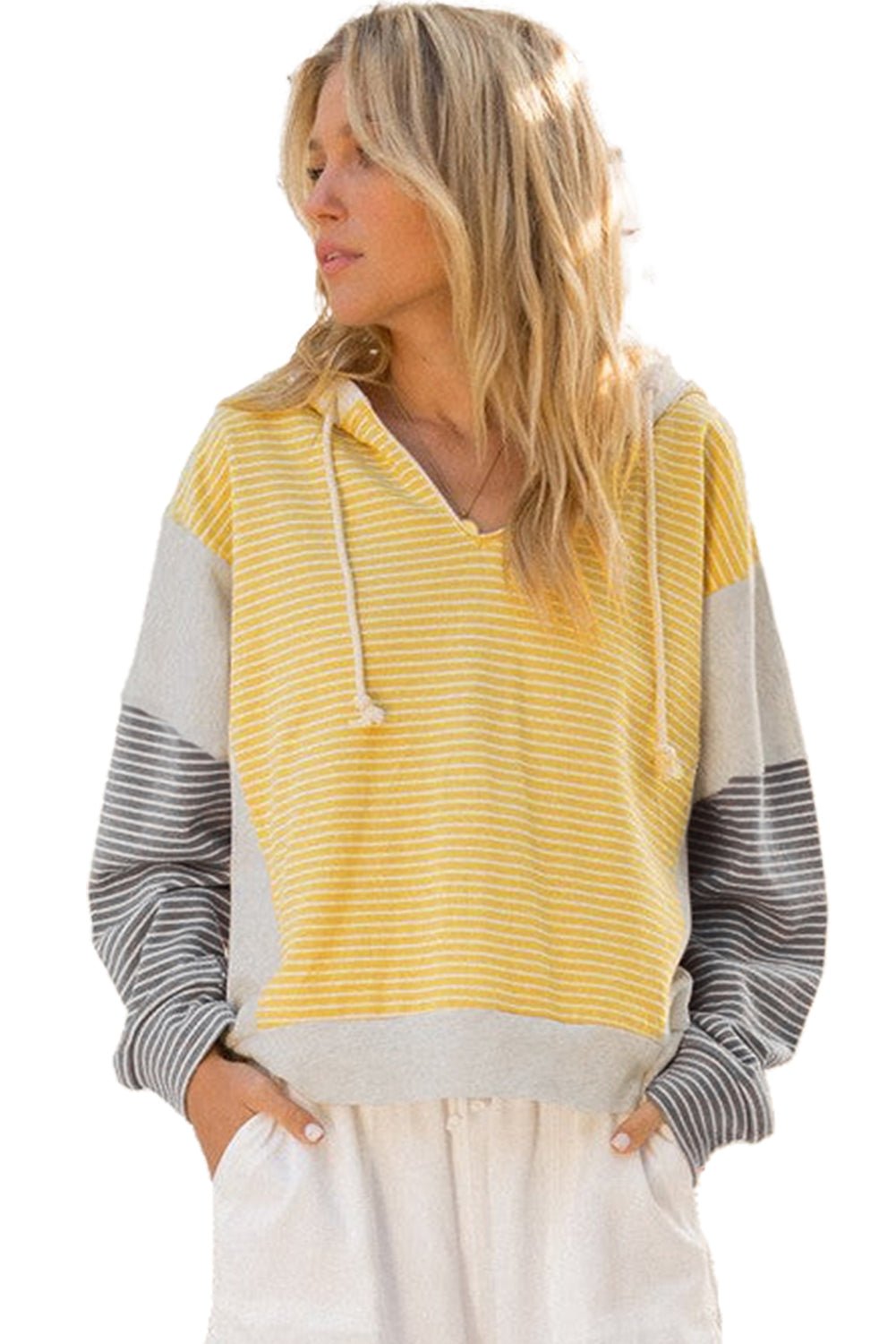 Yellow Stripe Colorblock Drawstring V Neck Loose Fit Hooded Top - MAD RUFFI