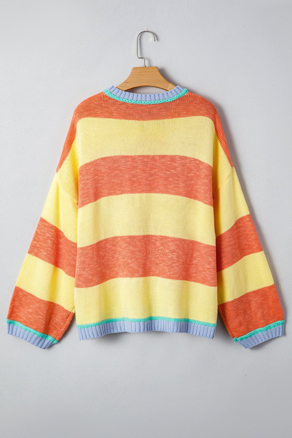 Yellow Stripe Contrasting Trim Round Neck Oversized Sweater - MAD RUFFI