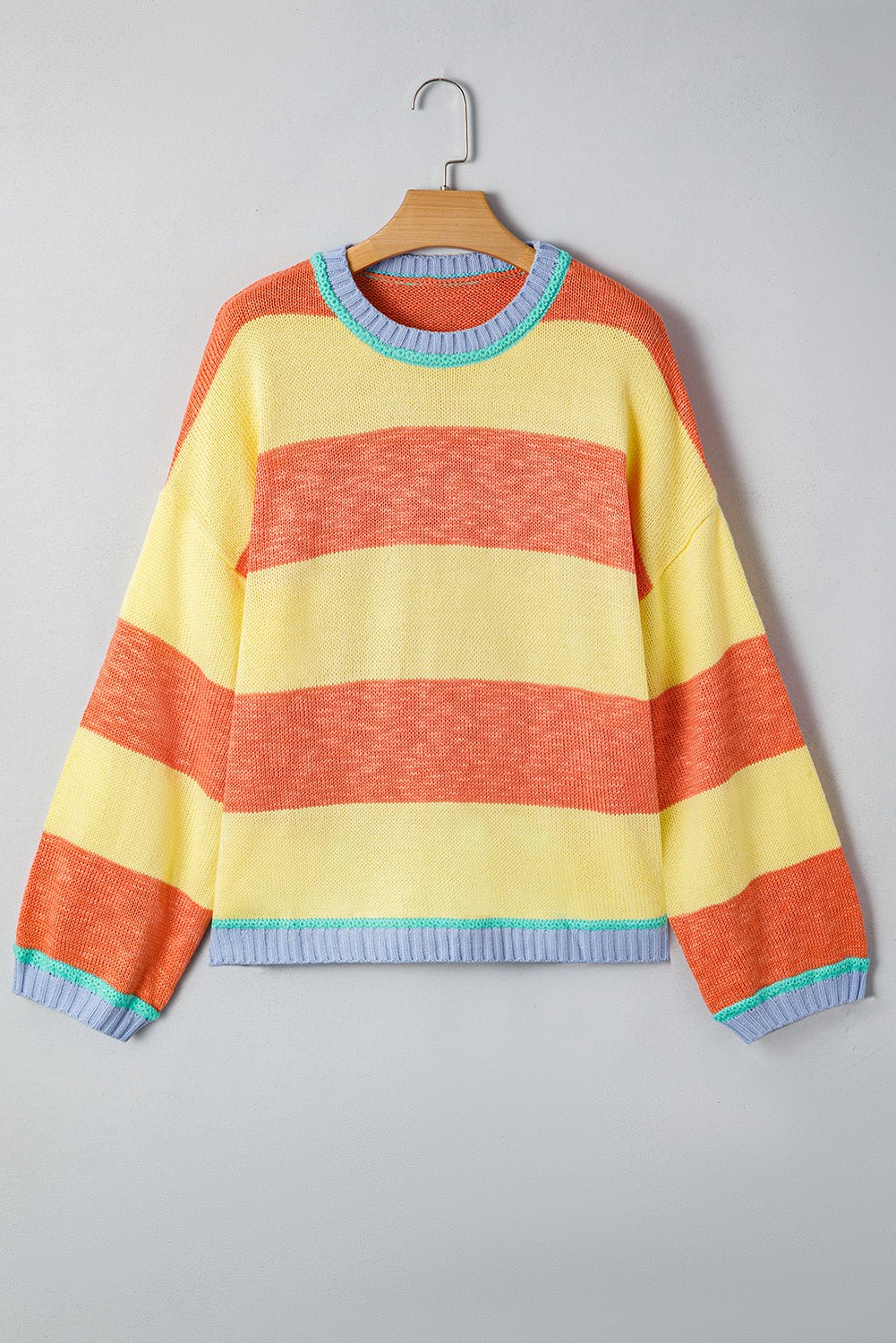 Yellow Stripe Contrasting Trim Round Neck Oversized Sweater - MAD RUFFI
