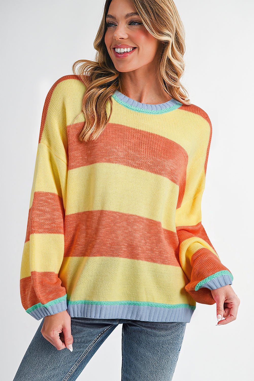 Yellow Stripe Contrasting Trim Round Neck Oversized Sweater - MAD RUFFI