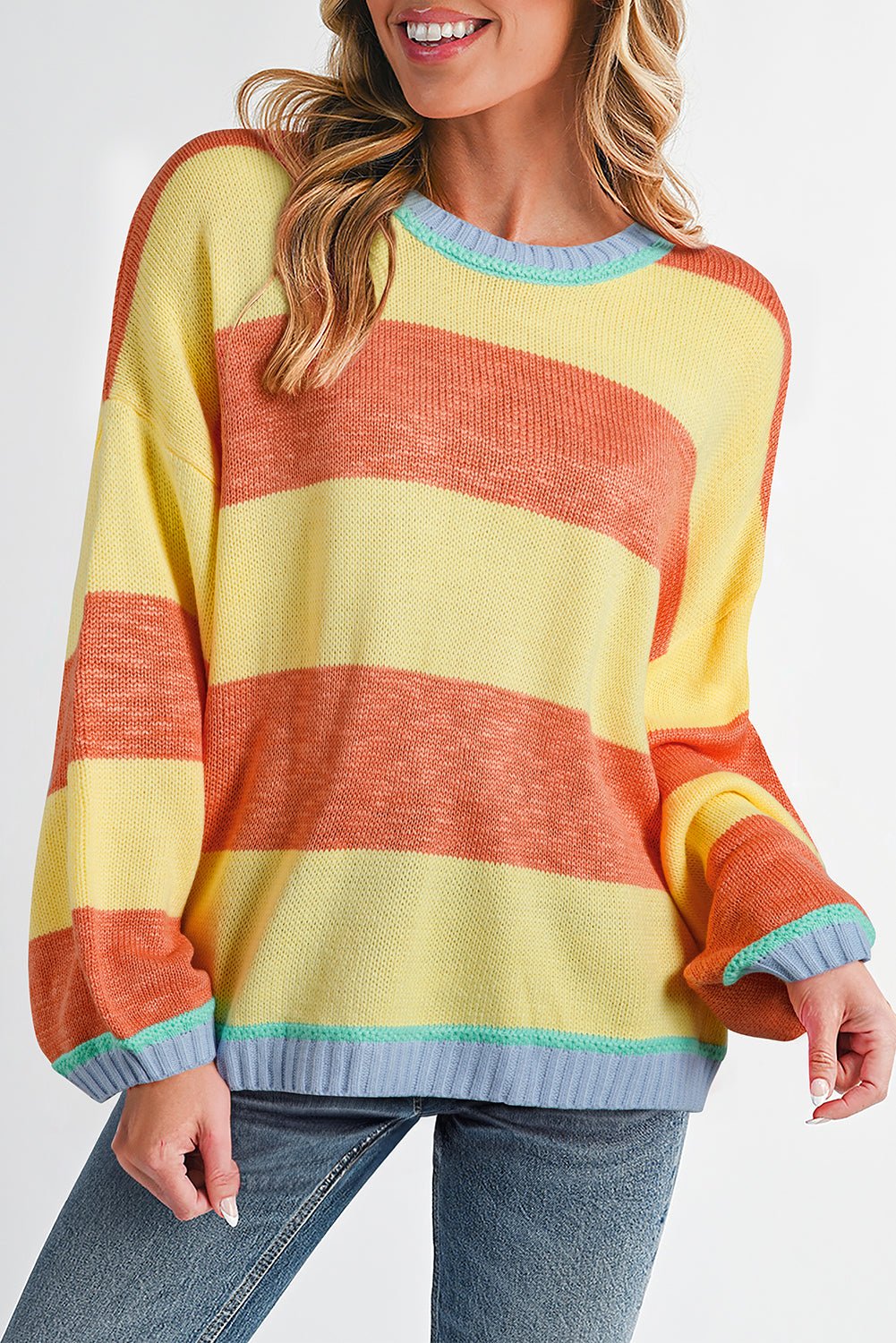 Yellow Stripe Contrasting Trim Round Neck Oversized Sweater - MAD RUFFI