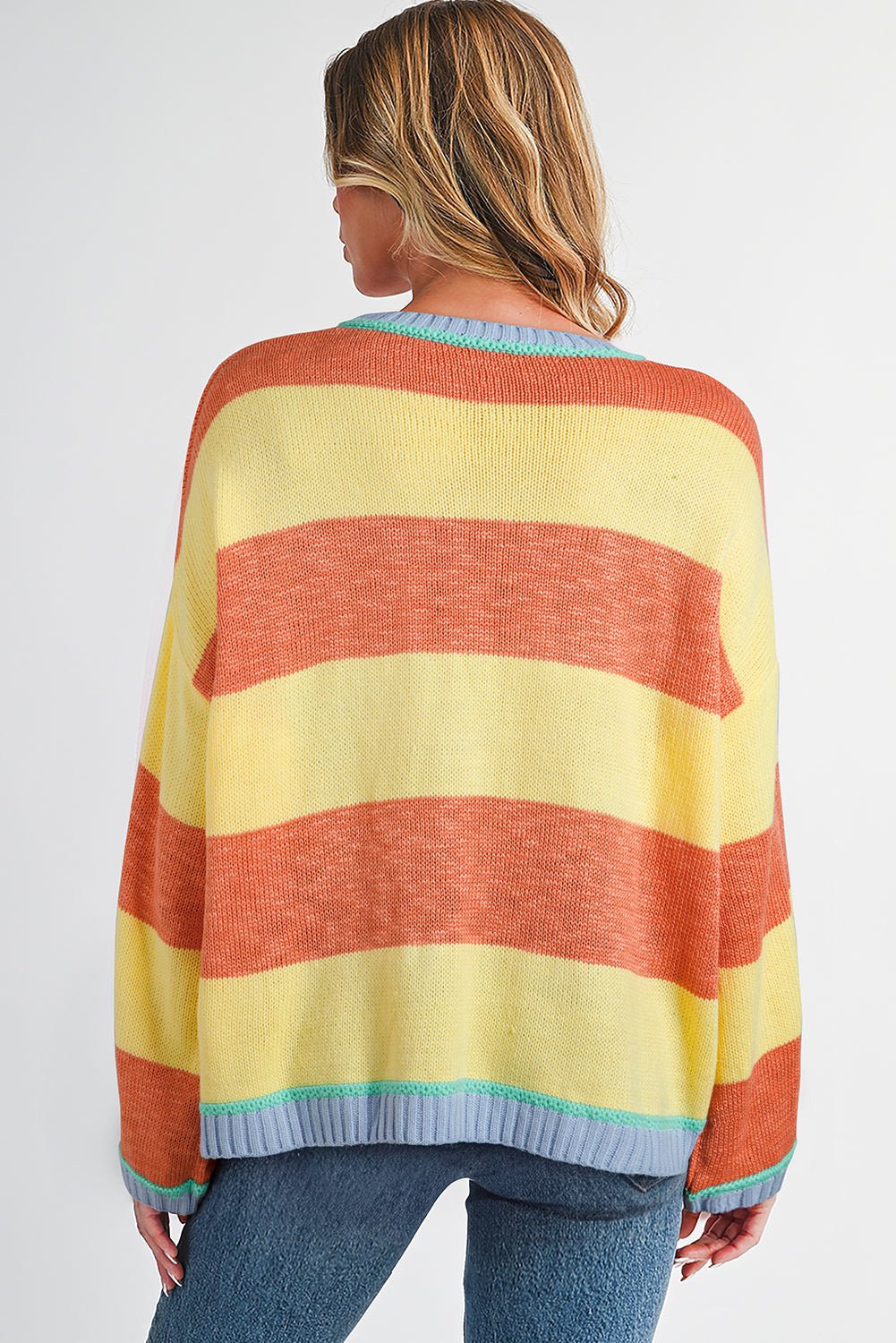 Yellow Stripe Contrasting Trim Round Neck Oversized Sweater - MAD RUFFI