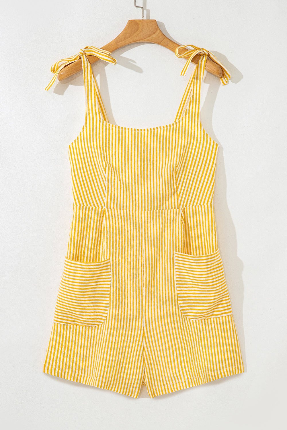 Yellow Stripe Tie Strap Smocked Back Wide Leg Romper - MAD RUFFI