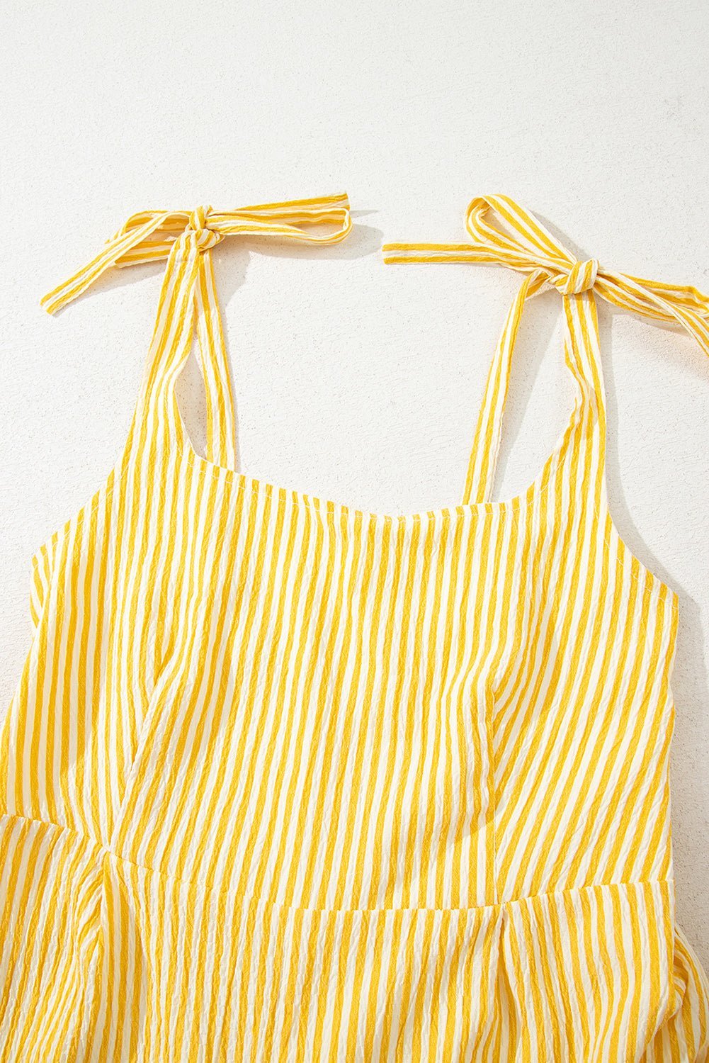 Yellow Stripe Tie Strap Smocked Back Wide Leg Romper - MAD RUFFI