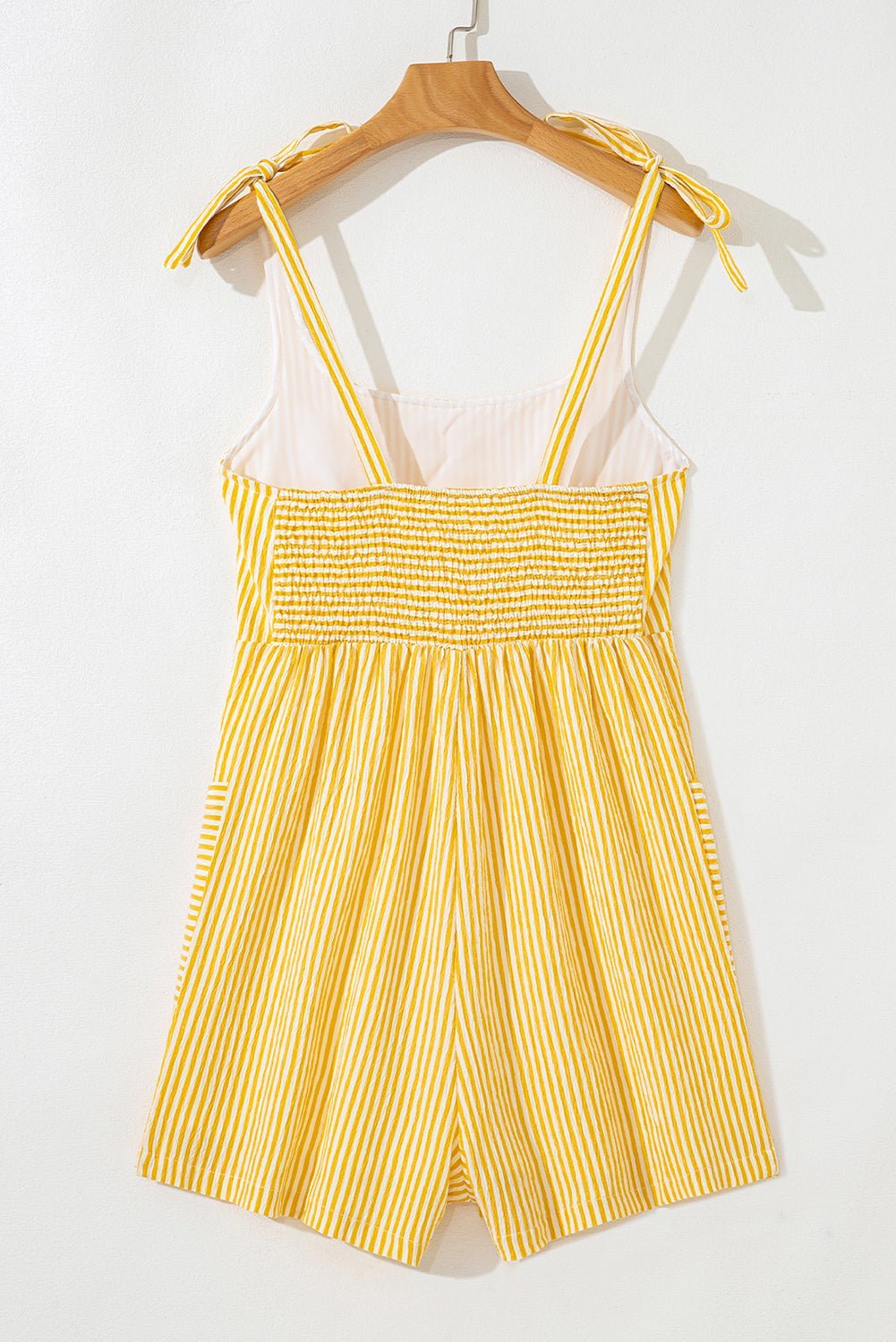 Yellow Stripe Tie Strap Smocked Back Wide Leg Romper - MAD RUFFI