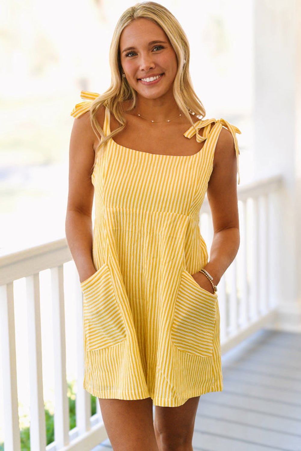 Yellow Stripe Tie Strap Smocked Back Wide Leg Romper - MAD RUFFI