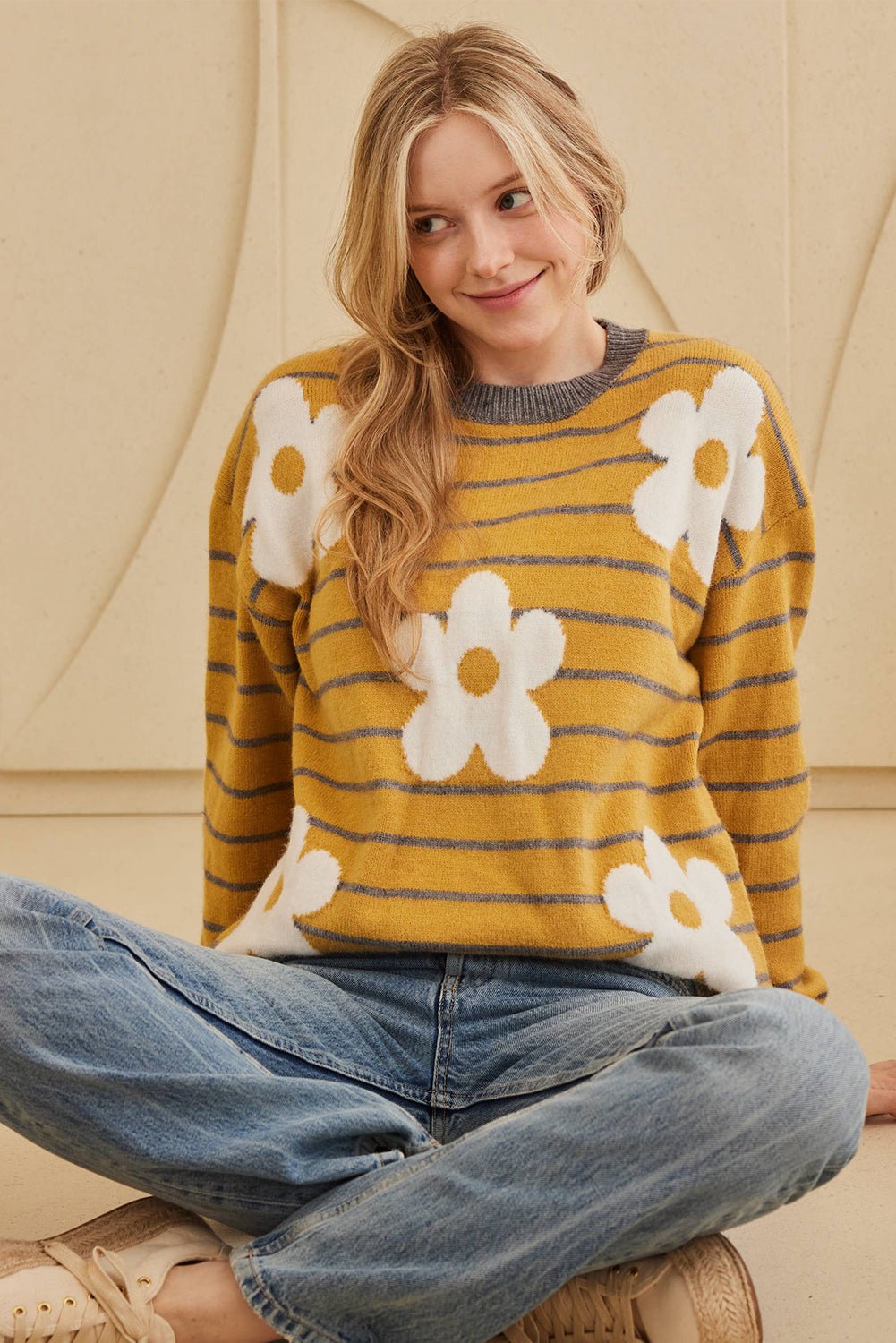 Yellow Striped Daisy Flower Long Sleeve Sweater - MAD RUFFI