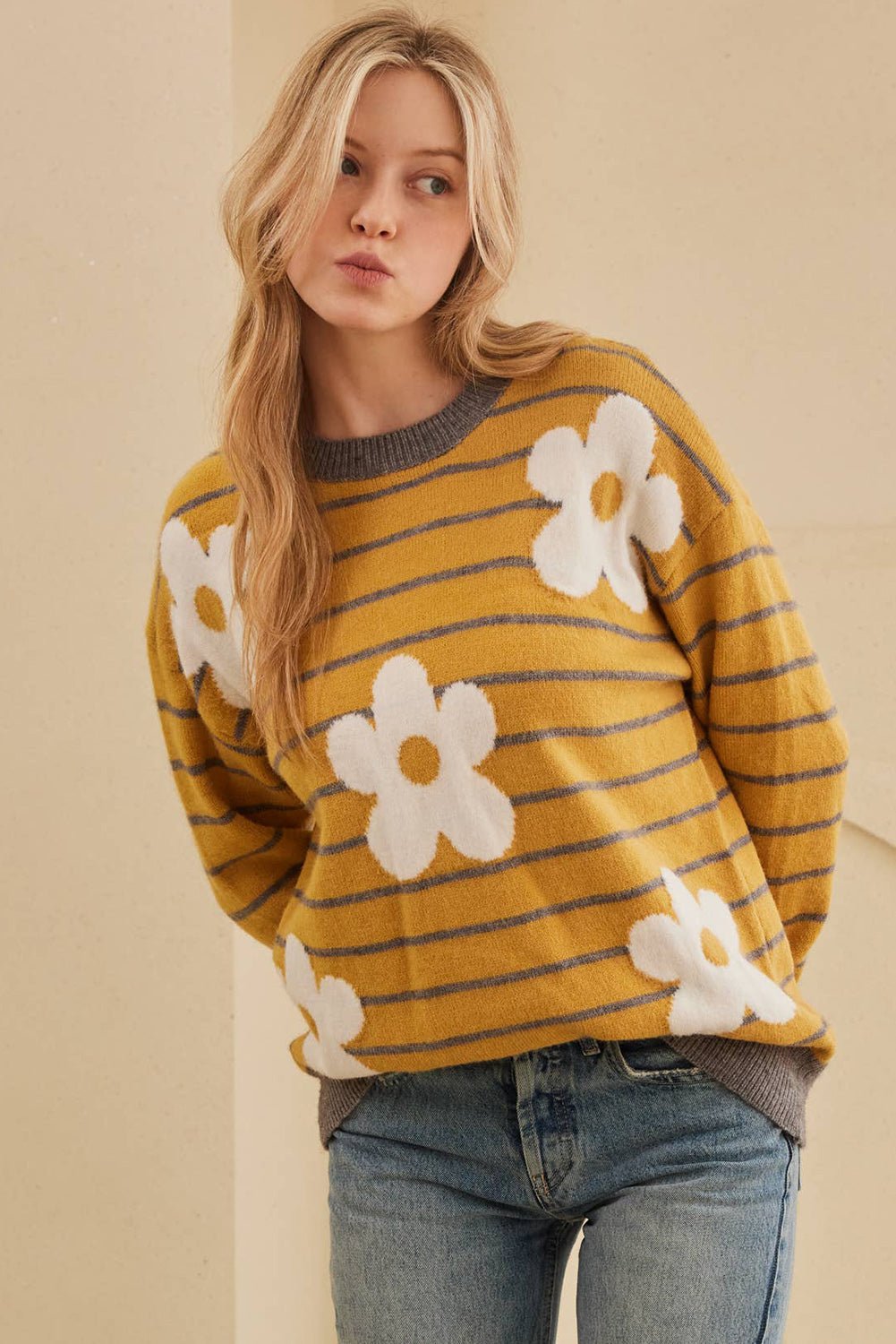 Yellow Striped Daisy Flower Long Sleeve Sweater - MAD RUFFI